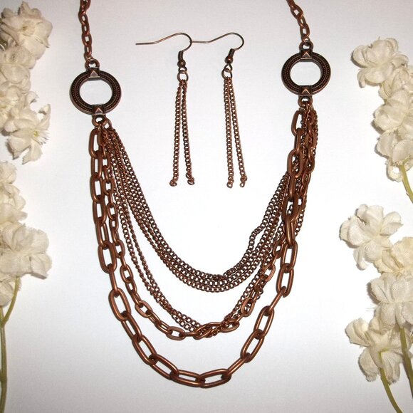 Boho Style Copper Necklace Earrings Chain Fashion Jewelry Accessory Set Lot C710 - Picture 1 of 4